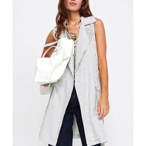 Zara Sz S Long Blue Ivory Striped Trench Seersucker Utility Duster Vest Jacket - Picture 1 of 12